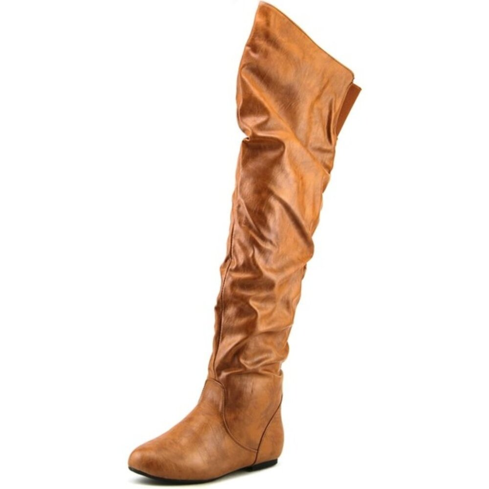 🧡 Over-the-Knee Slouchy Flat Boot – Tan Faux Leather • Pull-On • Elastic Gusset
